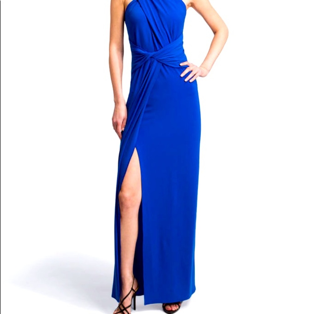 Halston Heritage Crisscross Neck Blue Jersey Gown